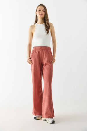 Kadın Beli Lastikli Pamuklu Krinkle Pantolon - Kiremit