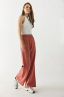 Kadın Beli Lastikli Pamuklu Krinkle Pantolon - Kiremit