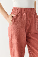 Kadın Beli Lastikli Pamuklu Krinkle Pantolon - Kiremit