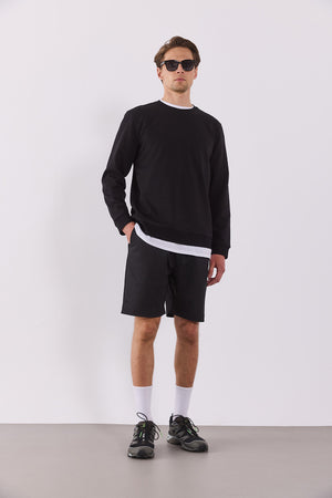 Erkek Beli Lastikli Teknik Şort - Siyah