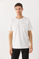 Erkek Bisiklet Yaka Cep Detaylı Oversize Tişört %100 Pamuk - Fildişi