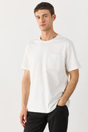 Erkek Bisiklet Yaka Cep Detaylı Oversize Tişört %100 Pamuk - Fildişi