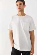 Erkek Bisiklet Yaka Cep Detaylı Oversize Tişört %100 Pamuk - Fildişi