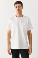 Erkek Bisiklet Yaka Cep Detaylı Oversize Tişört %100 Pamuk - Fildişi