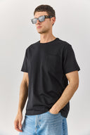 Erkek Bisiklet Yaka Cep Detaylı Oversize Tişört %100 Pamuk - Siyah