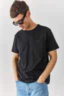 Erkek Bisiklet Yaka Cep Detaylı Oversize Tişört %100 Pamuk - Siyah