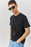 Erkek Bisiklet Yaka Cep Detaylı Oversize Tişört %100 Pamuk - Siyah