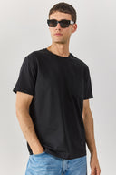 Erkek Bisiklet Yaka Cep Detaylı Oversize Tişört %100 Pamuk - Siyah