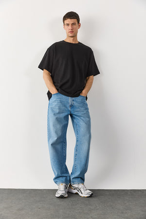 Erkek Bisiklet Yaka Flamlı Oversize Tişört %100 Pamuk - Siyah