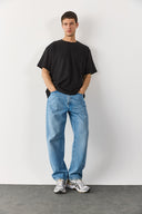 Erkek Bisiklet Yaka Flamlı Oversize Tişört %100 Pamuk - Siyah