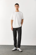 Erkek Bisiklet Yaka Flamlı Oversize Tişört %100 Pamuk - Fildişi