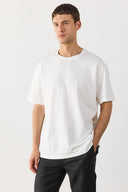 Erkek Bisiklet Yaka Flamlı Oversize Tişört %100 Pamuk - Fildişi