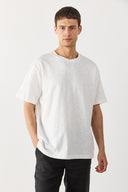 Erkek Bisiklet Yaka Flamlı Oversize Tişört %100 Pamuk - Fildişi