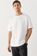 Erkek Bisiklet Yaka Flamlı Oversize Tişört %100 Pamuk - Fildişi