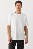 Erkek Bisiklet Yaka Flamlı Oversize Tişört %100 Pamuk - Fildişi