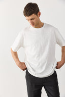 Erkek Bisiklet Yaka Flamlı Oversize Tişört %100 Pamuk - Fildişi