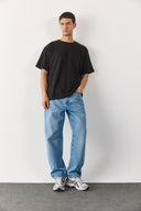 Erkek Bisiklet Yaka Flamlı Oversize Tişört %100 Pamuk - Siyah