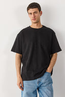 Erkek Bisiklet Yaka Flamlı Oversize Tişört %100 Pamuk - Siyah