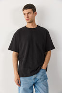 Erkek Bisiklet Yaka Flamlı Oversize Tişört %100 Pamuk - Siyah