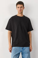 Erkek Bisiklet Yaka Flamlı Oversize Tişört %100 Pamuk - Siyah