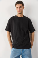 Erkek Bisiklet Yaka Flamlı Oversize Tişört %100 Pamuk - Siyah
