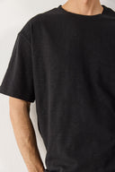 Erkek Bisiklet Yaka Flamlı Oversize Tişört %100 Pamuk - Siyah