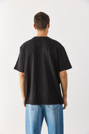 Erkek Bisiklet Yaka Flamlı Oversize Tişört %100 Pamuk - Siyah