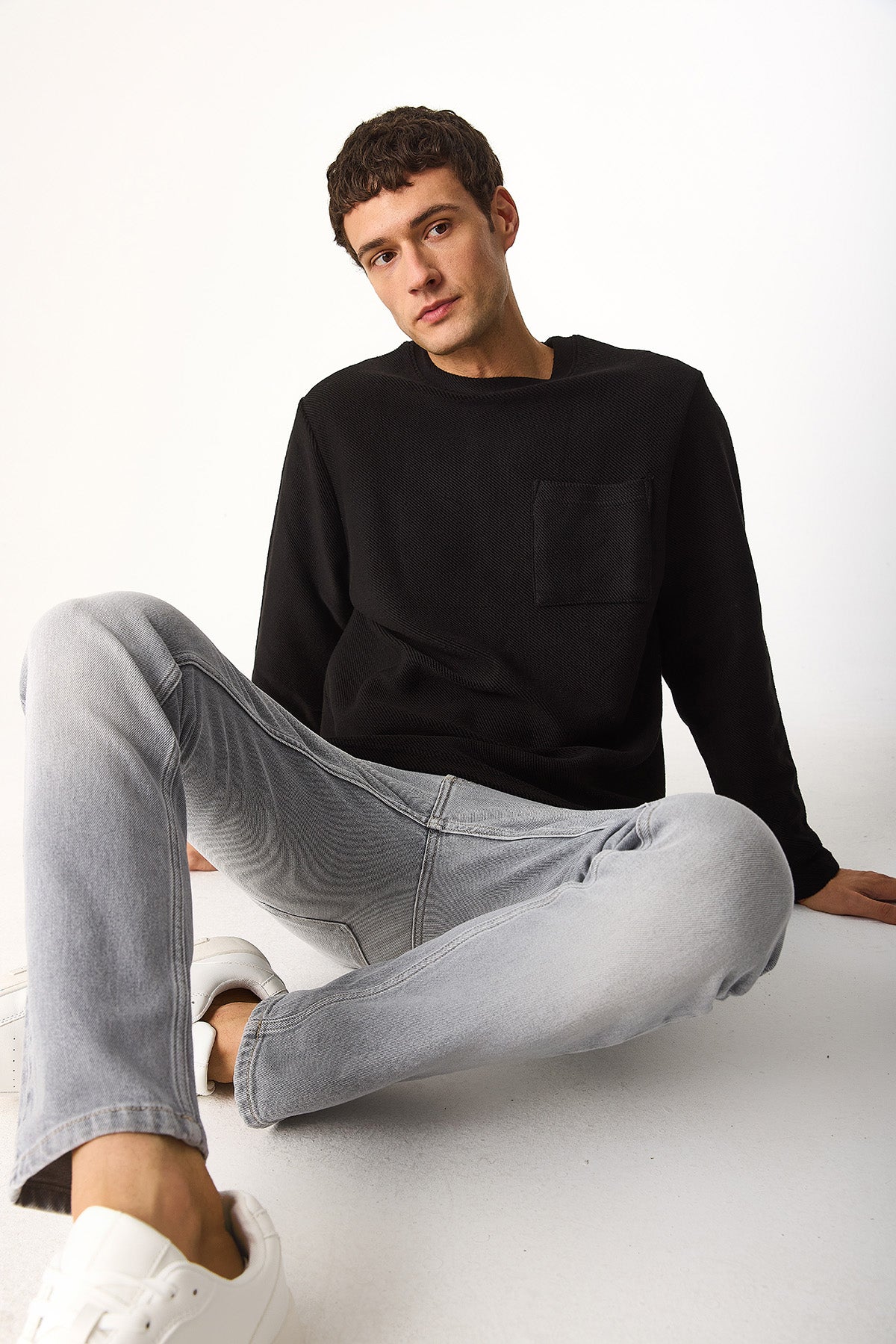Erkek Bisiklet Yaka Oversize Sweatshirt %100 Pamuk - Siyah – Vena