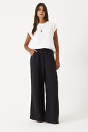 Kadın Bisiklet Yaka Rahat Kalıp Kolsuz Flamlı Tişört %100 Pamuk - Fildişi