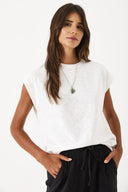 Kadın Bisiklet Yaka Rahat Kalıp Kolsuz Flamlı Tişört %100 Pamuk - Fildişi