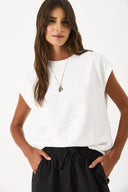 Kadın Bisiklet Yaka Rahat Kalıp Kolsuz Flamlı Tişört %100 Pamuk - Fildişi