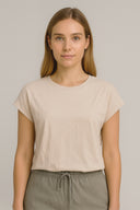 Kadın Bisiklet Yaka Rahat Kalıp Parçalamalı Yumuşak Dokulu Pike Tişört (CUPRO) - Taş