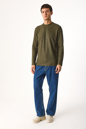 Erkek Bisiklet Yaka Regular Fit Dokulu Sweatshirt - Haki