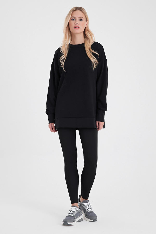 Kadın Bisiklet Yaka Yanı Yırtmaçlı Regular Fit 3 İplik Sweatshirt - Siyah