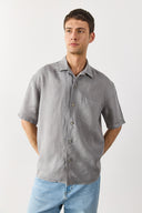 Erkek Blake Kısa Kollu %100 Keten Gömlek - Gri