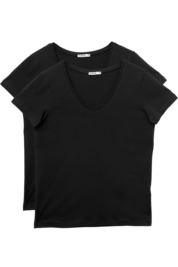 Kadın Boyfriend V Yaka 2'li Paket Regular Fit Modal Tişört (TENCEL)(TM) Siyah / Siyah