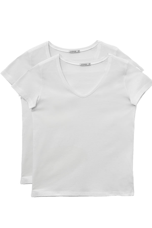 Kadın Boyfriend V Yaka 2'li Paket Regular Fit Modal Tişört (TENCEL)(TM) Beyaz / Beyaz