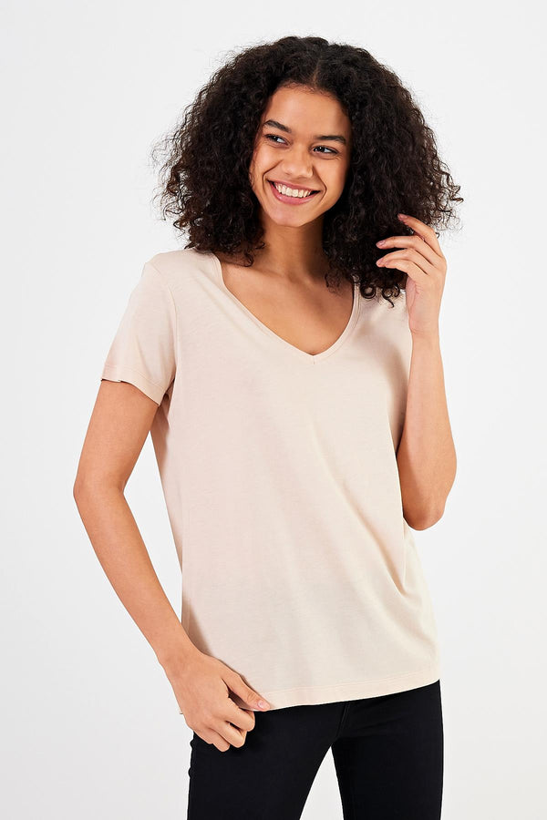 Kadın Boyfriend Kum V Yaka Regular Fit Modal Tişört (Lyocell)