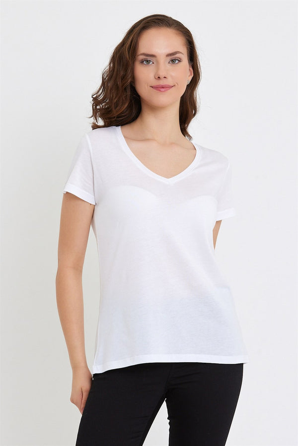 Boyfriend V Yaka Regular Fit Modal Tişört(TENCEL)(TM)-BEYAZ