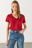 Kadın Boyfriend V Yaka Regular Fit Modal Tişört (TENCEL)™ - Bordo