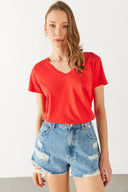 Kadın Boyfriend V Yaka Regular Fit Modal Tişört (TENCEL)™ - Mercan