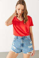Kadın Boyfriend V Yaka Regular Fit Modal Tişört (TENCEL)™ - Mercan