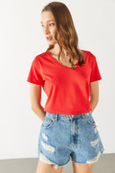 Kadın Boyfriend V Yaka Regular Fit Modal Tişört (TENCEL)™ - Mercan