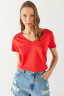 Kadın Boyfriend V Yaka Regular Fit Modal Tişört (TENCEL)™ - Mercan