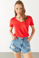 Kadın Boyfriend V Yaka Regular Fit Modal Tişört (TENCEL)™ - Mercan