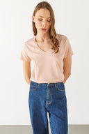Kadın Boyfriend V Yaka Regular Fit Modal Tişört (TENCEL)™ - Pudra