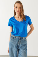 Kadın Boyfriend V Yaka Regular Fit Modal Tişört (TENCEL)™ - Safir