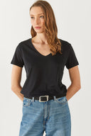 Kadın Boyfriend V Yaka Regular Fit Modal Tişört (TENCEL)™ - Siyah