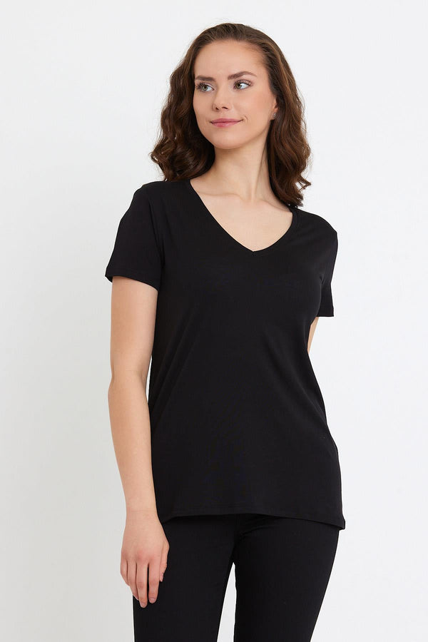Boyfriend V Yaka Regular Fit Modal Tişört(TENCEL)(TM)-SİYAH
