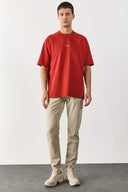 Erkek Brand Baskılı Bisiklet Yaka Regular Fit Tişört %100 Pamuk - Kiremit